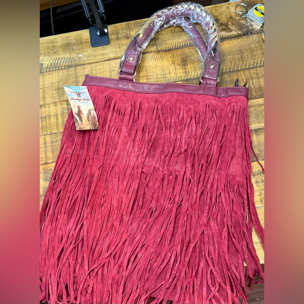 Heritage Burgundy Fringe Shoulder Bag With Crossbody strap NEW